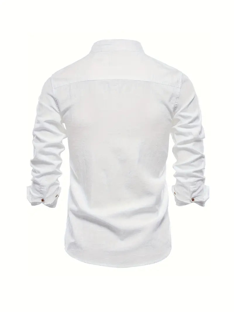 Men’s Band Collar Button Down Shirt - Stylish Long Sleeve