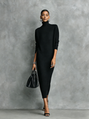 Women's Elegant Black Knitted Turtleneck Long-sleeved Loose-fitting  Midi Dress With No Pockets