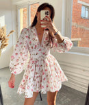 Women's V-Neck Floral Mini Dress with Long Puff Sleeves – Stylish Party Dress