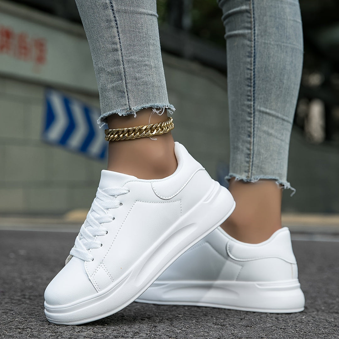 Women's White Leather Sport Sneakers – Casual Lace-Up Athletic Trainers
