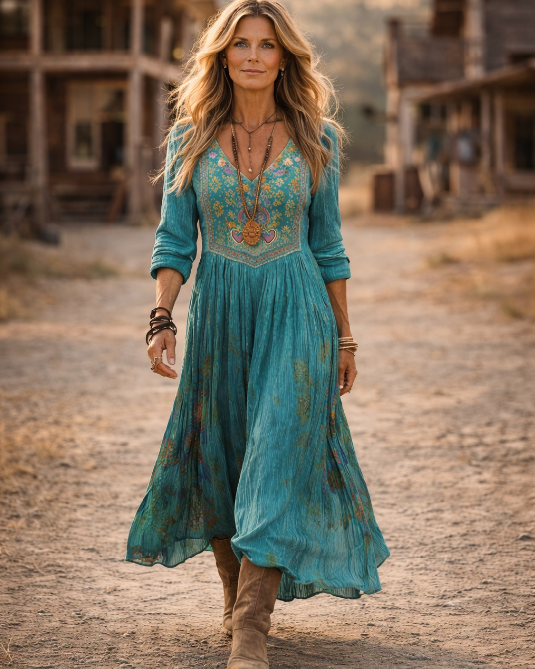 Women's Boho Floral Long Sleeve Dress – Vintage Print Maxi Dress