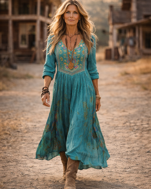 Women's Boho Floral Long Sleeve Dress – Vintage Print Maxi Dress