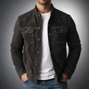 Men's Olive Green Suede Button-Up Jacket – Stylish Casual Outerwear