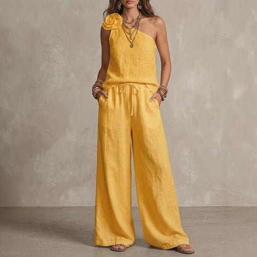 Two-Tone Linen Set: Sleeveless Top & Trousers