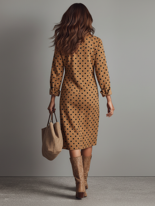 Women's Polka Dot Faux Suede Shirt Midi Dress
