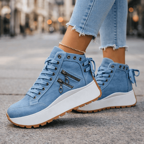 Women’s Chunky Denim Sneakers - Lace Up Street Style Shoes