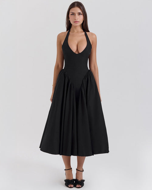 Women's V-Neck Corset Style Midi Dress – Sleeveless Elegant Fitted Tulle Dress