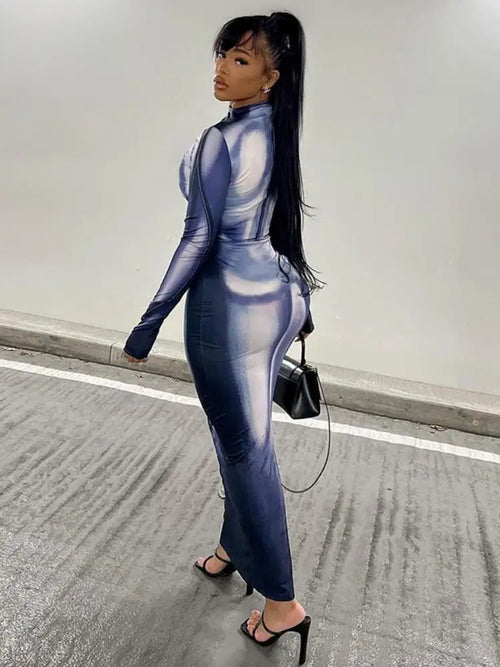3D Print Stand Collar Maxi Party Dress