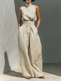 Women’s Linen Two Piece Set - Turtleneck Top Wide Leg Pants
