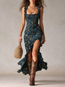 Women's Boho Ruffled Sleeve Maxi Dress – High Slit Summer Dress