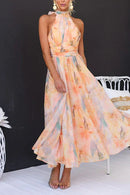 Women's Elegant Halter Neck Watercolour Maxi Dress - Summer Flowy Gown