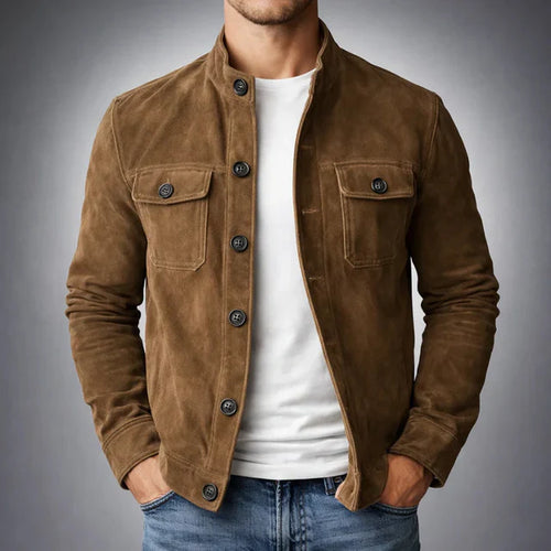 Men's Olive Green Suede Button-Up Jacket – Stylish Casual Outerwear