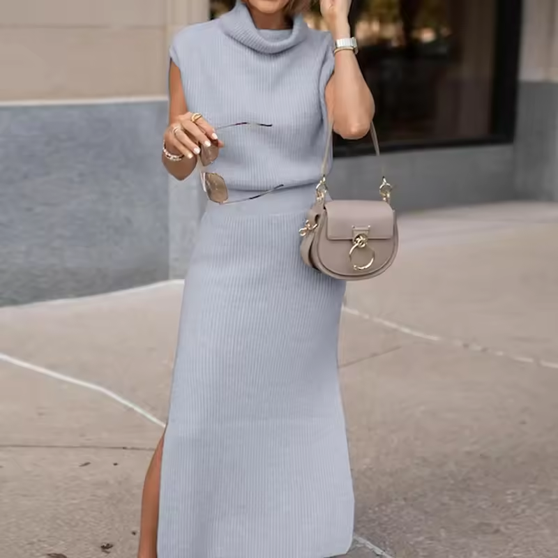 Women's Cowl Neck Midi Sweater Dress – Waisted Side Slit Knit Gown