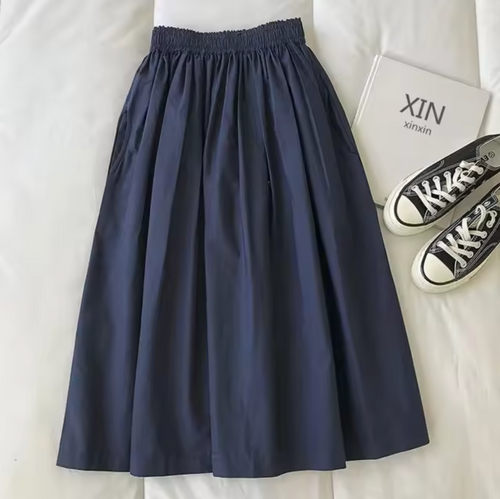 Women's High-Waisted Gathered Midi Skirt – Flowing Loose Casual Skirt