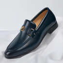 Men’s Blue Leather Loafers With Metal Accent – Elegant Slip-On Shoes