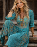 Women's Boho Floral Long Sleeve Dress – Vintage Print Maxi Dress