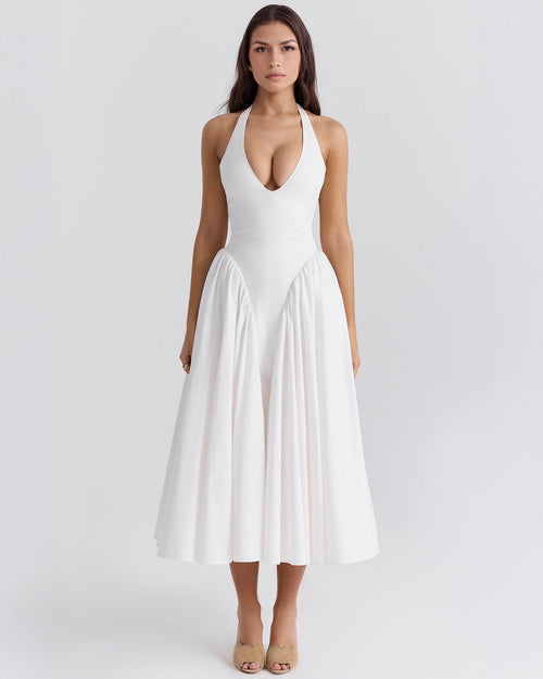Women's V-Neck Corset Style Midi Dress – Sleeveless Elegant Fitted Tulle Dress
