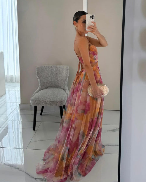 Women's Floral Flowing Maxi Dress – Sleeveless Elegant Wedding Guest Dress