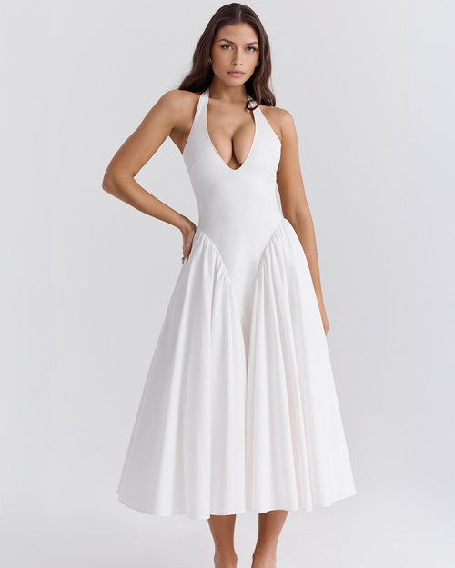 Women's V-Neck Corset Style Midi Dress – Sleeveless Elegant Fitted Tulle Dress
