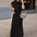 Women's Cowl Neck Midi Sweater Dress – Waisted Side Slit Knit Gown