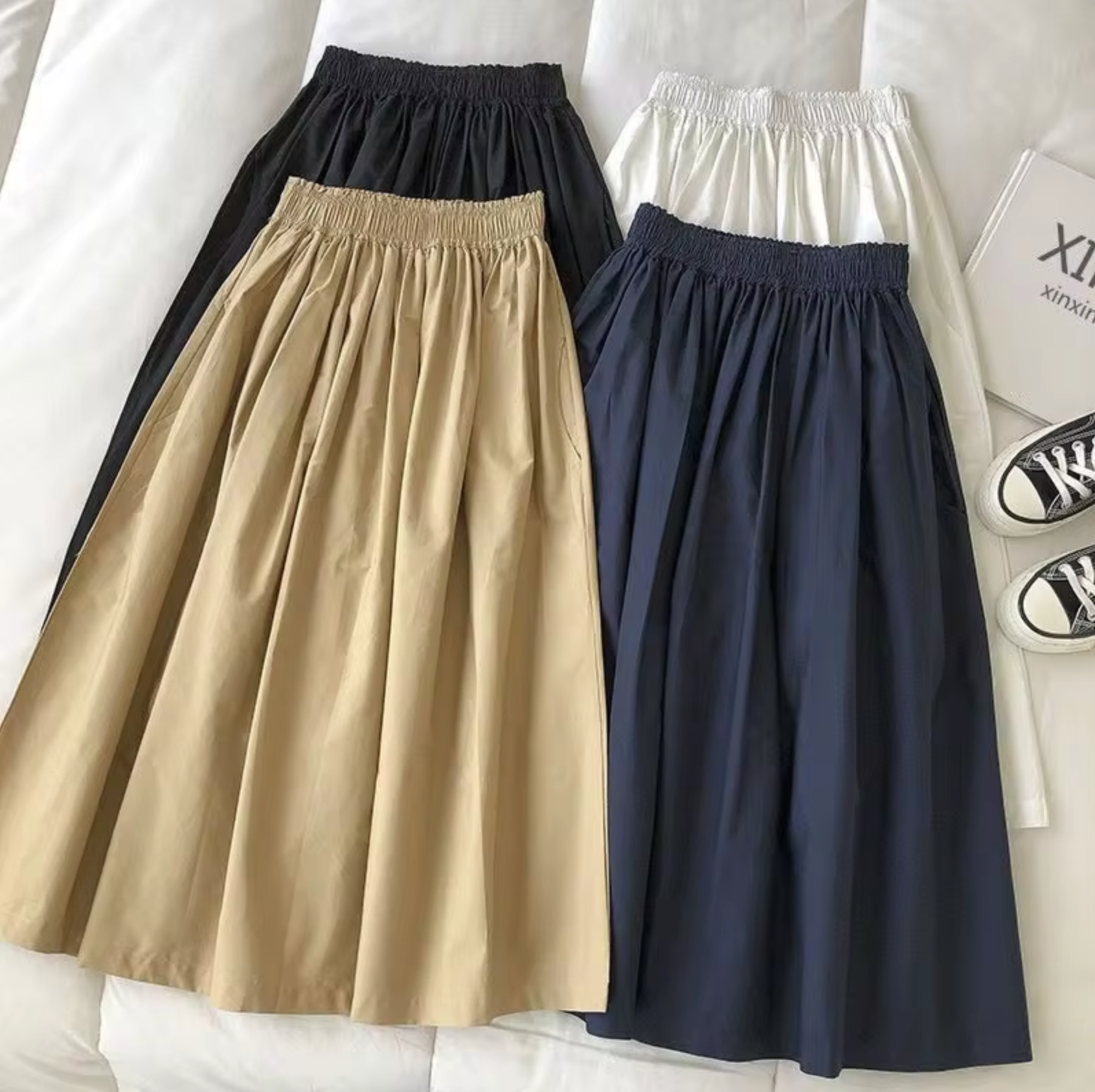 Women's High-Waisted Gathered Midi Skirt – Flowing Loose Casual Skirt