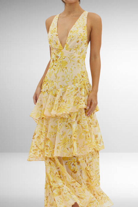 Women's Layered Chiffon Maxi Dress – Sleeveless V-Neck Open Back Gown