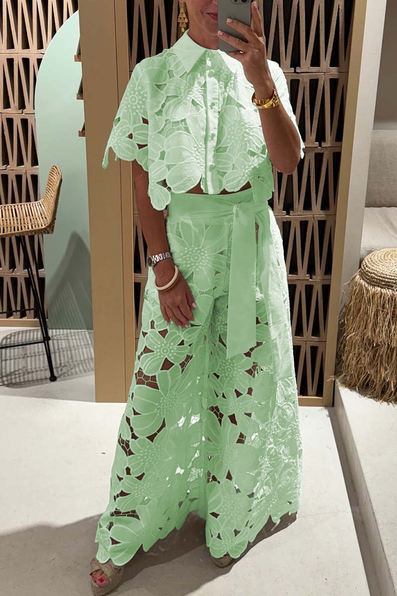 Women's Lace Blouse And Wide Leg Pants Set – Elegant Casual Outfit