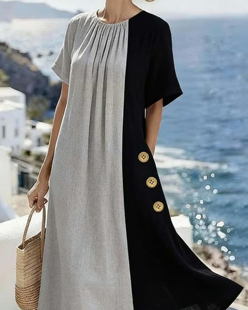 Casual Long Dress with Round Neck and Contrast Detail