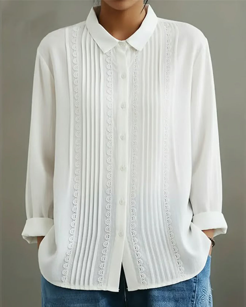 Women's White Pintuck Lace-Trim Longsleeve Shirt – Elegant Feminine Top