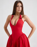 Women's V-Neck Corset Style Midi Dress – Sleeveless Elegant Fitted Tulle Dress
