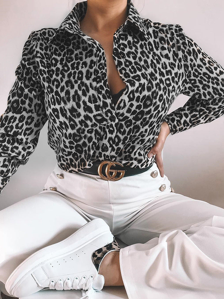Women's Leopard Print Button-Up Blouse – Long Sleeve Stylish Top