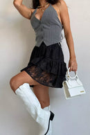 Sheer Lace Jacquard Tiered Mini Skirt