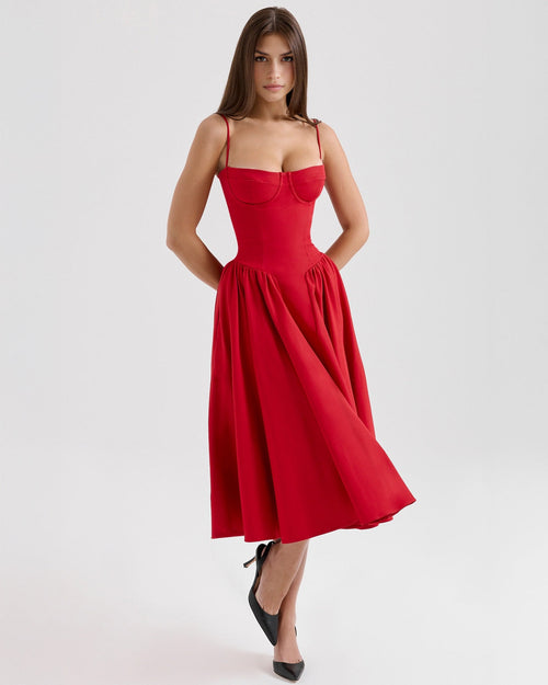 Women's V-Neck Corset Style Midi Dress – Sleeveless Elegant Fitted Tulle Dress