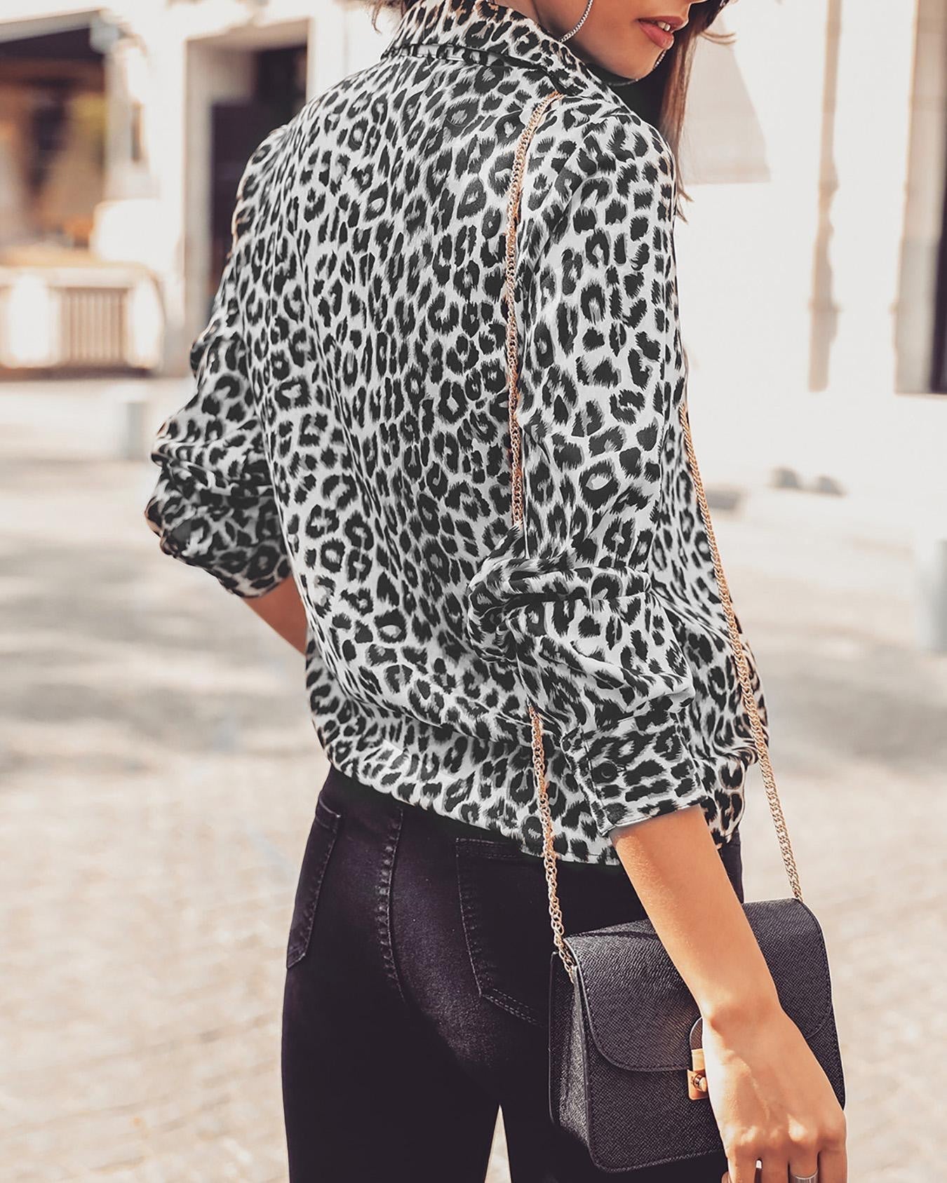 Women's Leopard Print Button-Up Blouse – Long Sleeve Stylish Top
