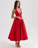 Women's V-Neck Corset Style Midi Dress – Sleeveless Elegant Fitted Tulle Dress
