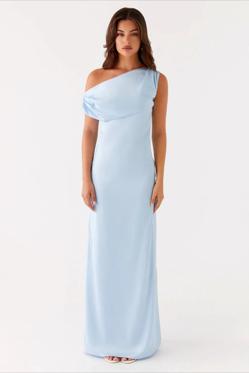 Women's Solid Asymmetric Neckline Formal Maxi Dress – Evening Gown