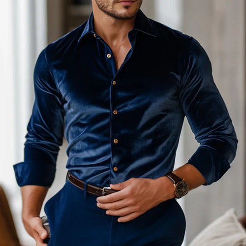 Men's Buttoned Down Long Sleeve Fitted Velvet Shirt – Luxury Dress Shirt