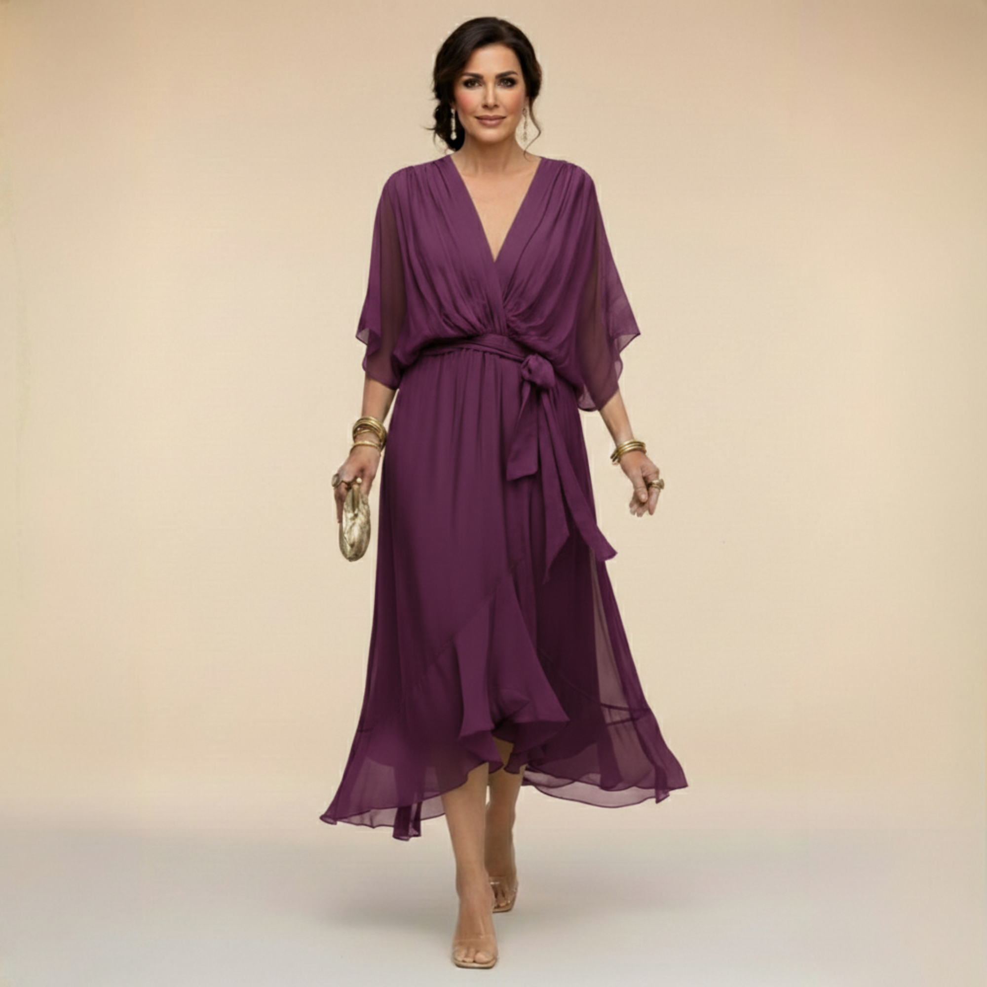 Women's Elegant V-Neck Chiffon Flared Midi Dress with Belt - Perfect Wedding Guest Dress