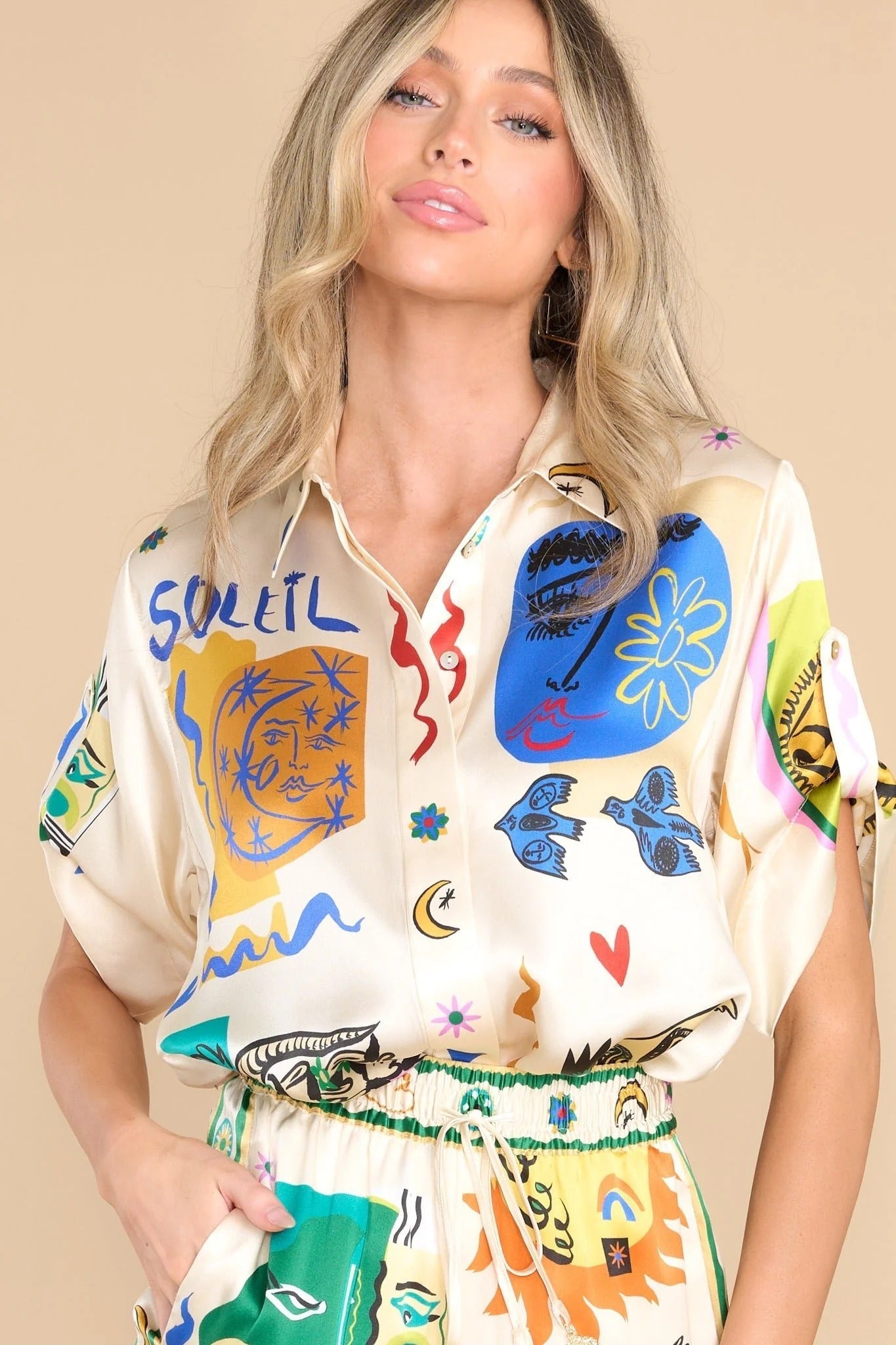 Women's Oversized Ivory Print Shirt And Pants Set – Relaxed Chic Outfit
