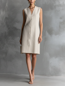Women's Ivory Cotton Linen Sleeveless V-Neck Button-Front Midi Dress