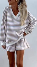 Women's V-Neck Striped Long Sleeve Two Piece Set – Casual Outfit
