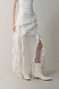 Asymmetric Wool Blend Black White Maxi Skirt