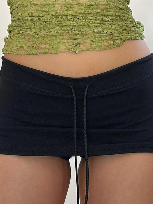 Women's Black Drawstring Slit Mini Skirt – Casual High-Waist Y2K Skirt