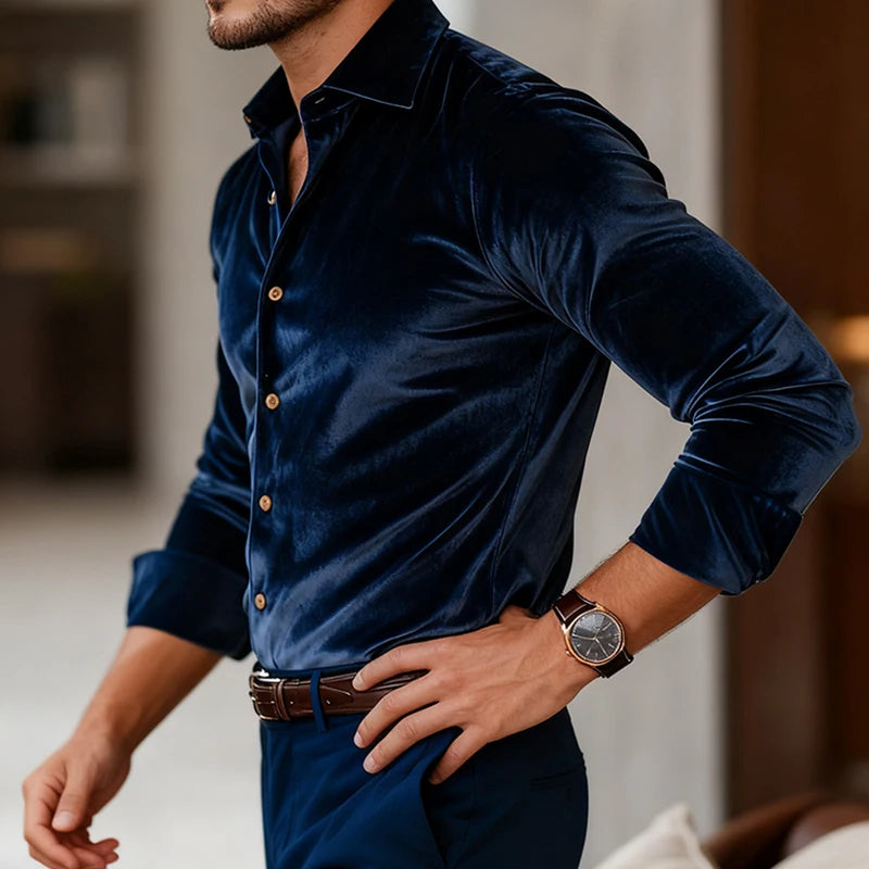 Men's Buttoned Down Long Sleeve Fitted Velvet Shirt – Luxury Dress Shirt