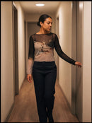 Abstract Print Black Mesh Long Sleeve Sheer Top