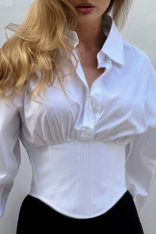 Women's Long-Sleeve Corset Cropped Shirt – Collared Tailored Top