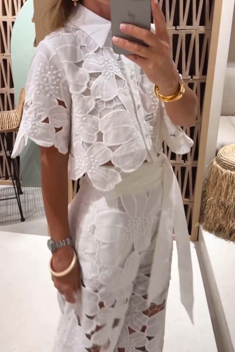 Women's Lace Blouse And Wide Leg Pants Set – Elegant Casual Outfit