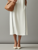 Women's White Cotton Dress With Contrast Piping & Side Pockets, Timeless Minimalist-Elegant Style Dress