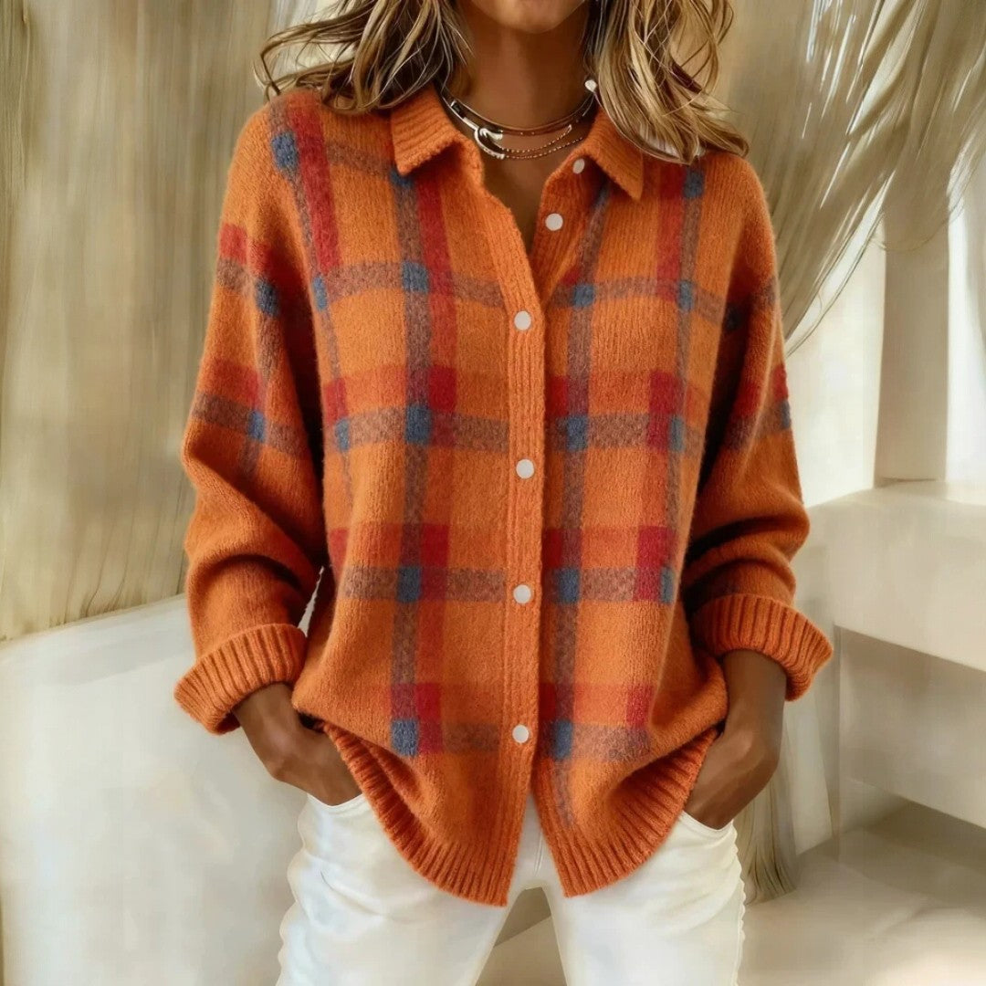 Women’s Loose Fit Buttoned Knit Cardigan - Stylish Check Pattern Design