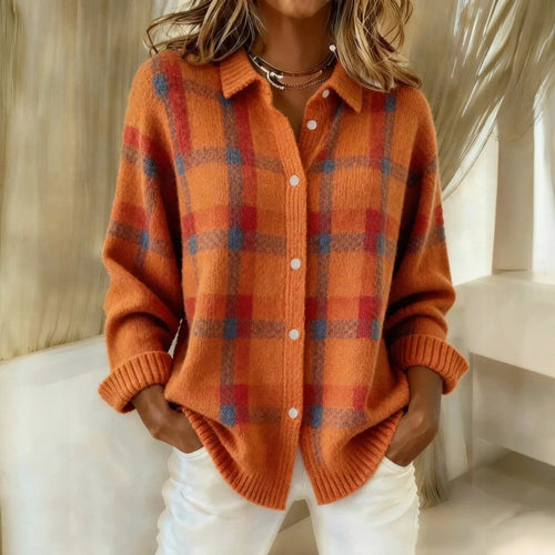 Women’s Loose Fit Buttoned Knit Cardigan - Stylish Check Pattern Design